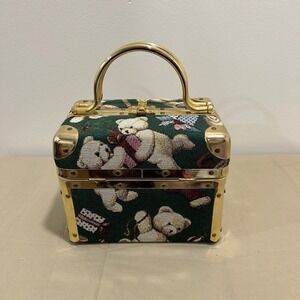 Lisette N Y Vintage Teddy Bear Tapestry Vanity Case Train Makeup Bag Gold Trim